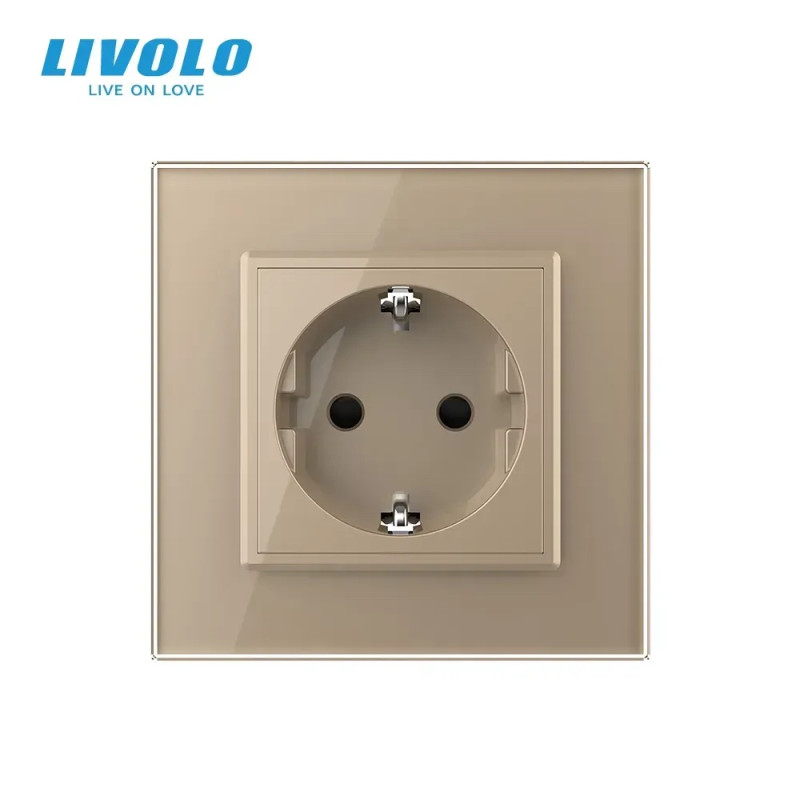 Электрическая розетка с заземлением LIVOLO, золотая, стеклянная рамка, шторки, 250В 16А (VL-C7C1EU-13)