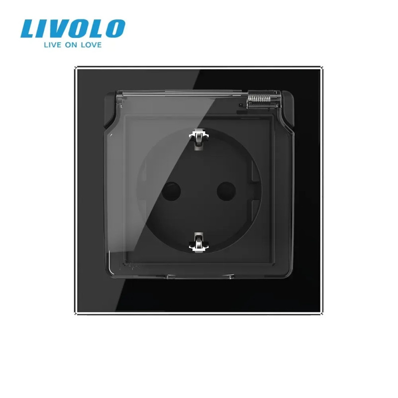Электрическая розетка влагозащитная с крышкой IP44 с заземлением, LIVOLO, черная, стеклянная рамка, шторки,