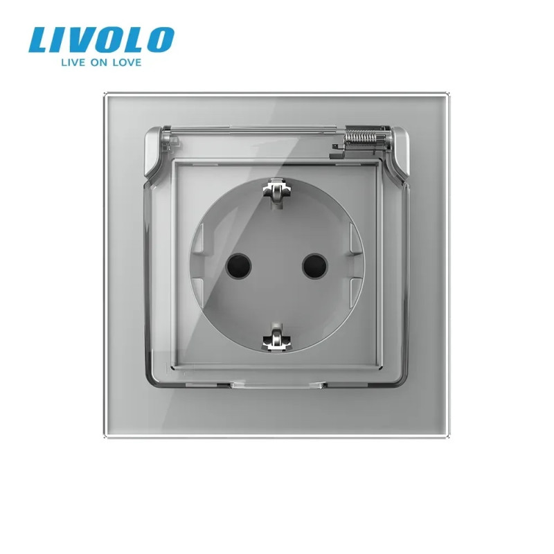 Электрическая розетка влагозащитная с крышкой IP44 с заземлением, LIVOLO, серая, стеклянная рамка, 2