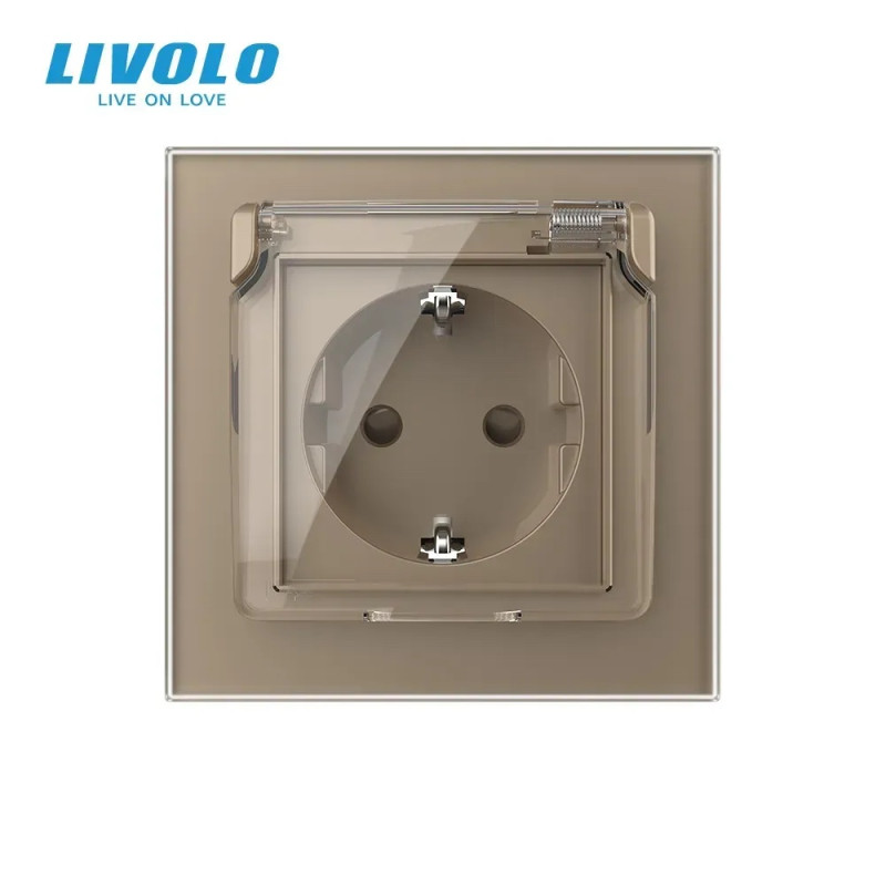 Электрическая розетка влагозащитная с крышкой IP44 с заземлением, LIVOLO, золотая, стеклянная матовая рамка,
