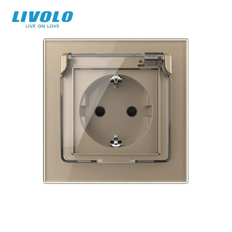 Електрична розетка вологозахисна з кришкою IP44 з заземленням, LIVOLO, золота, скляна рамка, шторки,