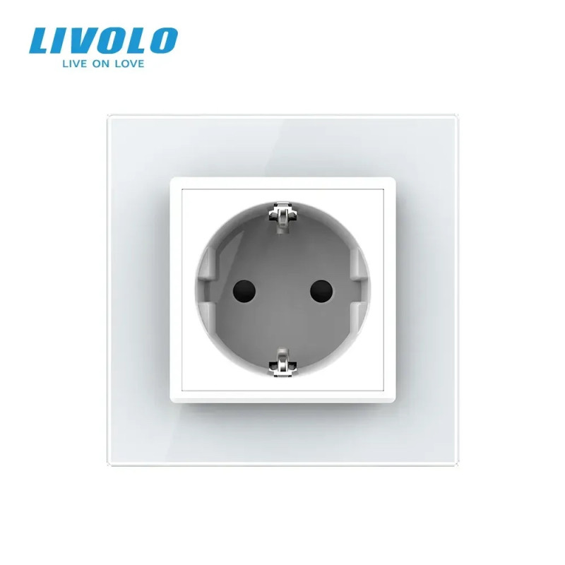 Електрична розетка з заземленням LIVOLO, біла, скляна матова рамка, шторки, 250В 16А
