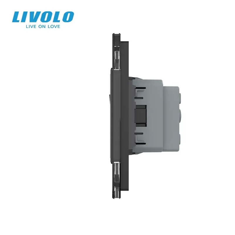 Двухклавишный выключатель с двойной розеткой Livolo черное стекло (VL-C7C2EUK2-12)