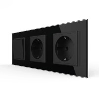 Двухклавишный выключатель с двойной розеткой Livolo черное стекло (VL-C7C2EUK2-12)
