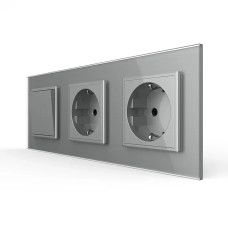 Двухклавишный выключатель с двойной розеткой Livolo серое стекло (VL-C7C2EUK2-15)