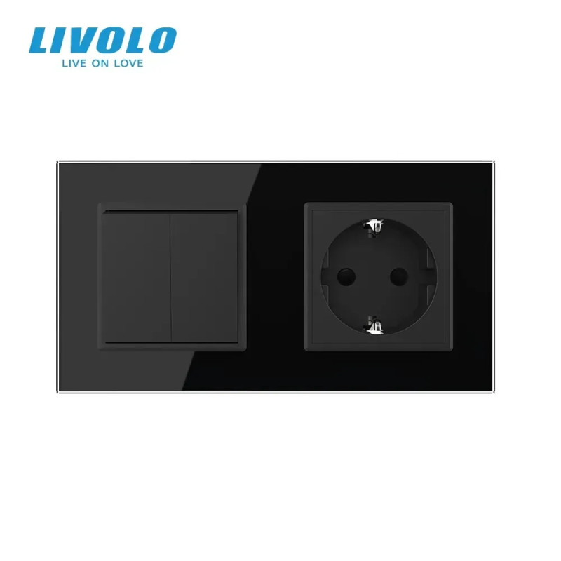 Двоклавішний вимикач з розеткою LIVOLO чорний матовий скло