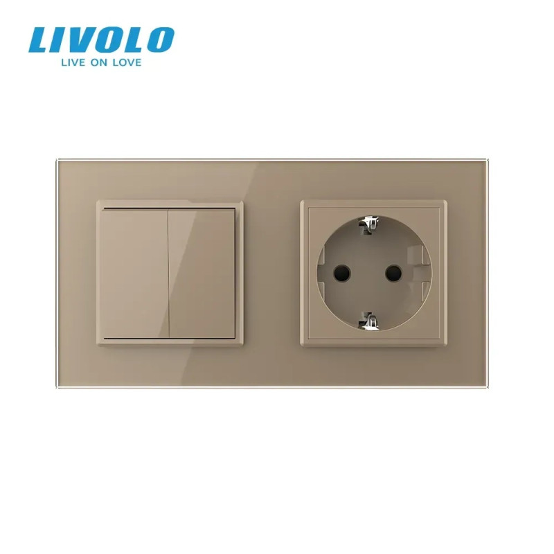Двухклавишный выключатель с розеткой Livolo золотое стекло (VL-C7C1EUK2-13)