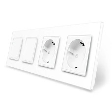 Двухклавишный выключатель (1-1) с двойной розеткой LIVOLO белый матовый стекло