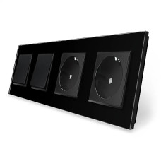Двухклавишный выключатель (1-1) с двойной розеткой LIVOLO черное матовое стекло