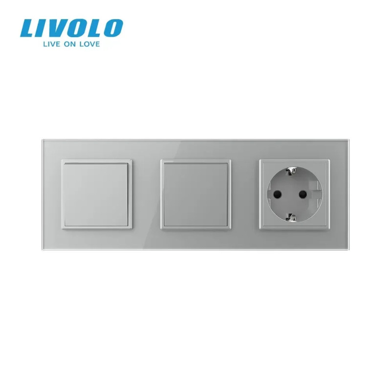 Двухклавишный выключатель (1-1) с розеткой Livolo серое стекло (VL-C7K1/K1/FCTC16A-6IP)