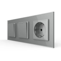 Двухклавишный выключатель (1-1) с розеткой Livolo серое стекло (VL-C7K1/K1/FCTC16A-6IP)