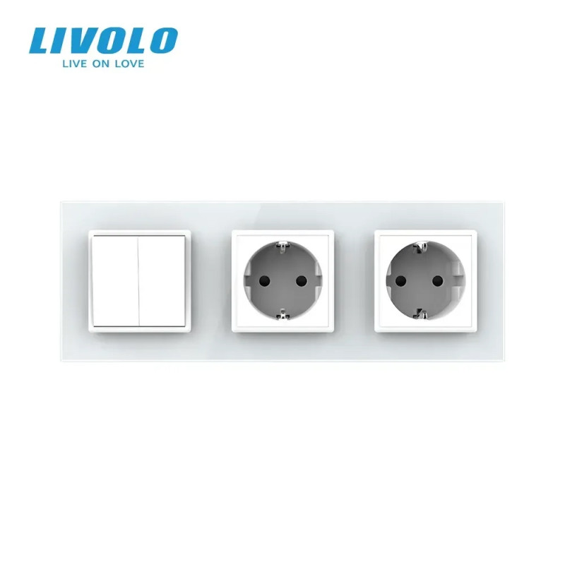 Двухклавишный выключатель с двойной розеткой Livolo белое стекло (VL-C7C2EUK2-11)