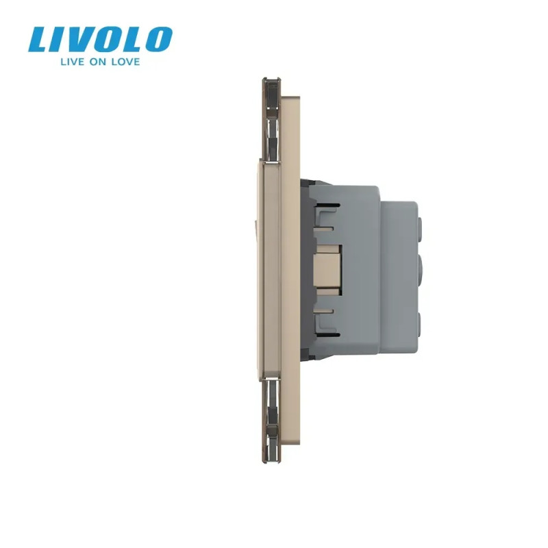 Двухклавишный выключатель с двойной розеткой Livolo золотое стекло (VL-C7C2EUK2-13)