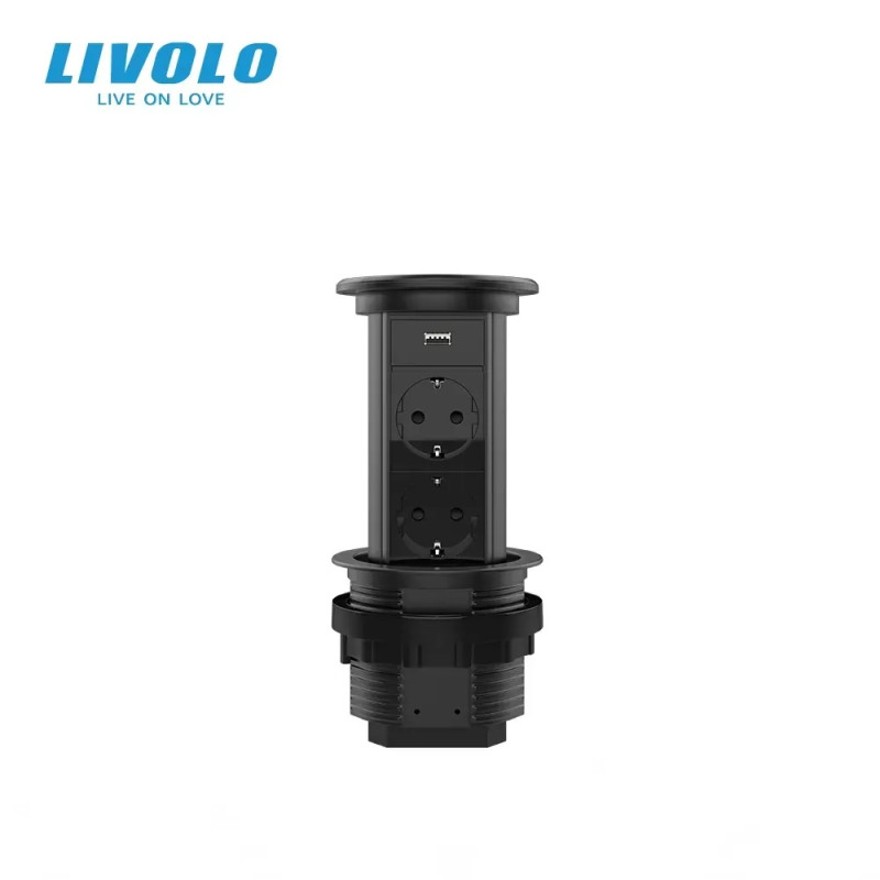 Висувна розетка з двох розеток та USB Livolo чорний (VL-SHS019-FCTC-B)