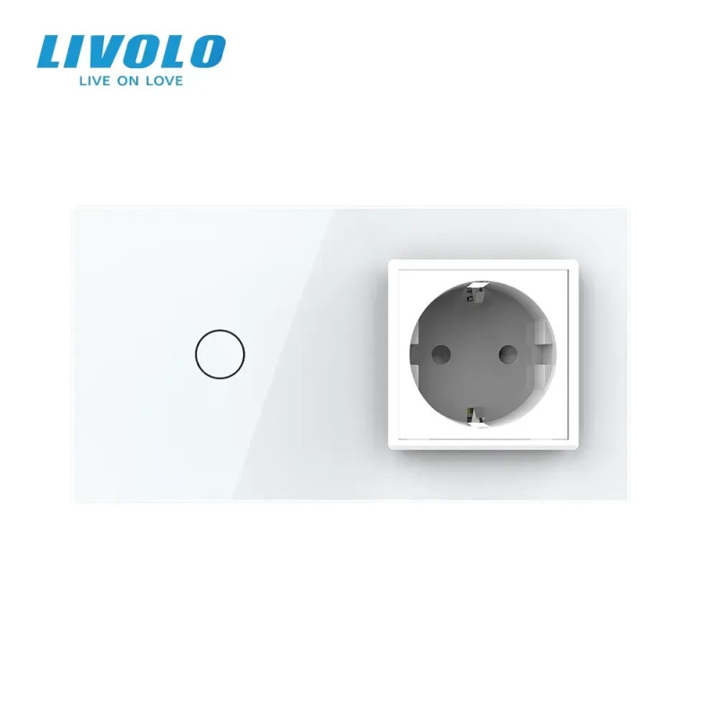 Бесконтактный выключатель 1 сенсор 1 розетка Livolo белое стекло (VL-C701/C7C1EU-PRO-11)