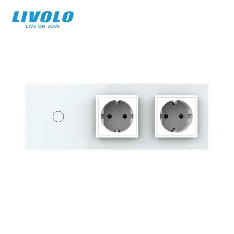 Бесконтактный выключатель 1 сенсор 2 розетки Livolo белое стекло (VL-C701/C7C2EU-PRO-11)