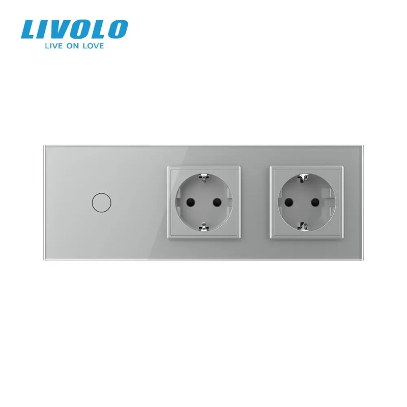 Безконтактний вимикач 1 сенсор 2 розетки Livolo сірий скло (VL-C701/C7C2EU-PRO-15)