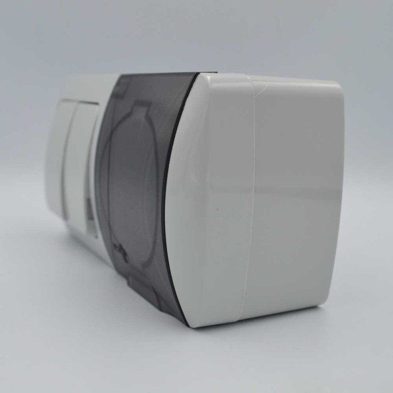 Выключатель El-BI Eva двухклавишный накладной с розеткой и крышкой серый (554-011500-922)