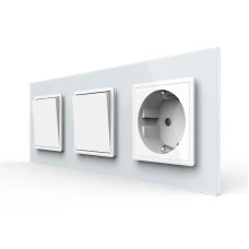 Трехклавишный выключатель (1-2) с двойной розеткой Livolo белое стекло (VL-C7K1/K2/FCTC16A/FCTC16A-8WP)