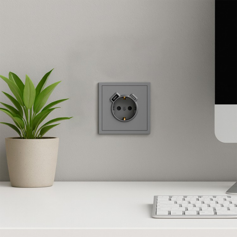 Розетка із заземленням 16А із USB-A 18W та Type-C 20W, механізм сірий Soft ER123USB-G ARDERO (без рамки) 80776