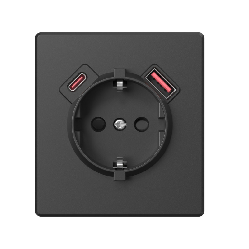 Розетка одинарна із заземленням USB-A+C 20W вугільно-чорна VIDEX NOTA (VF-NT-SK1GUC-BL)