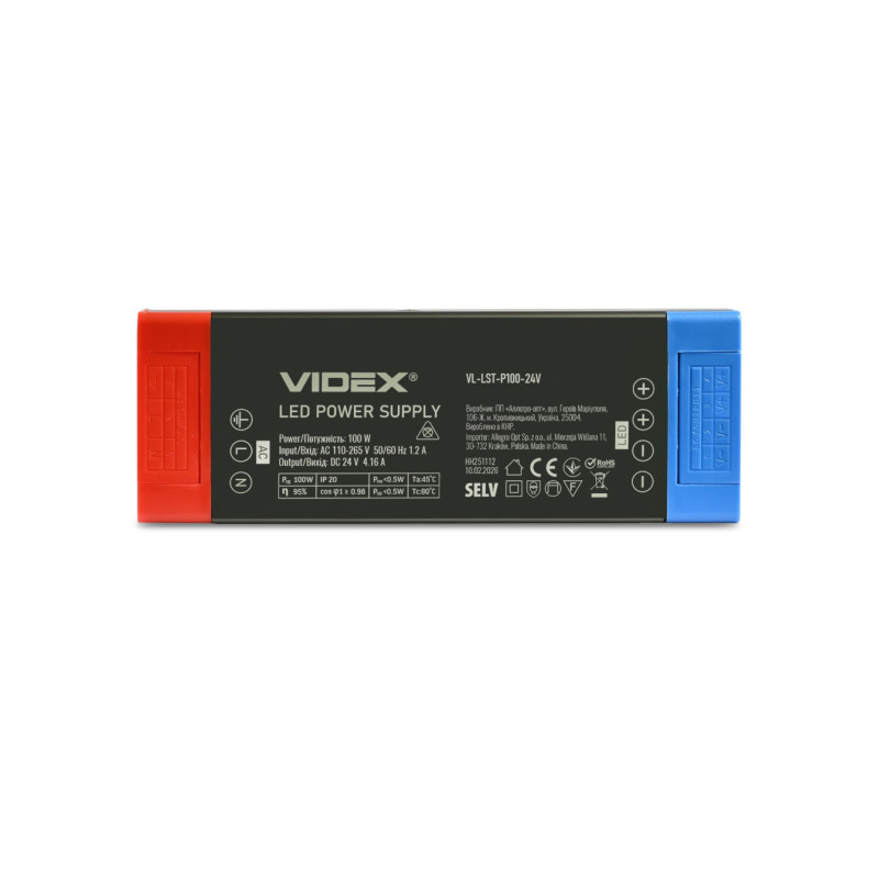 Блок живлення для LED стрічки VIDEX DC24V 4.16A 100W IP20 (VL-LST-P100-24V)